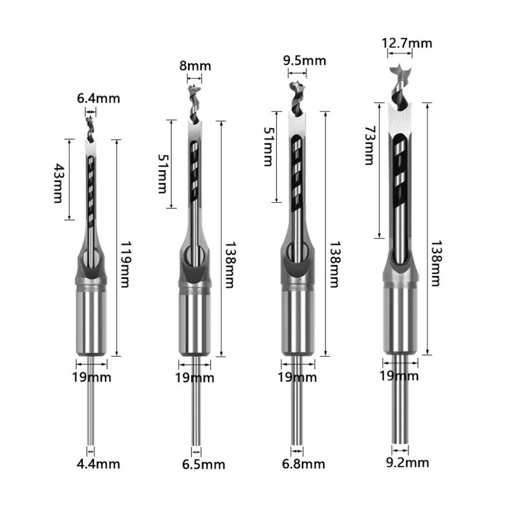 WSOOX Square Hole Drill Bits for Wood, Woodworking Hole Saw Mortising Chisel Drill Bits (Size: 1/4 inch, 5/16 inch, 3/8 inch, 1/2 inch)