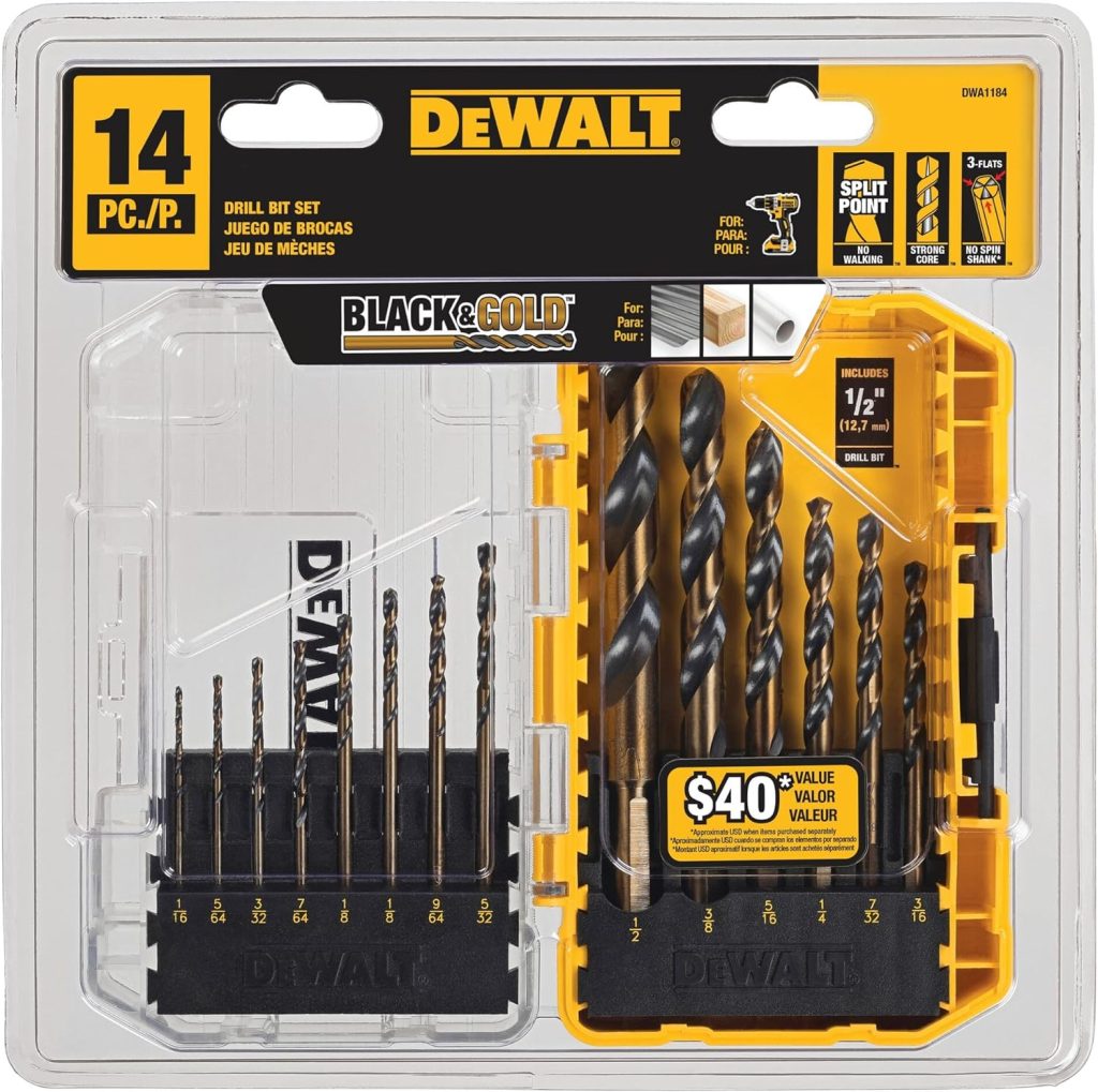 DEWALT Drill Bit Set, 14-Piece, 135 Degree Split Point, For Plastic, Wood and Metal (DWA1184)