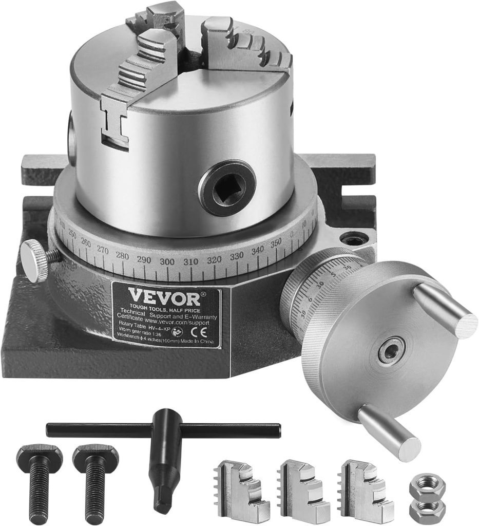 VEVOR Rotary Table for Milling Machines, 4/ 100 mm, Horizontal Vertical Model Precision Milling Rotary Table, with 3.1/80 mm 3-Jaw Chuck M10 T-Bolts Nuts, for Milling Engineering Indexing Tools