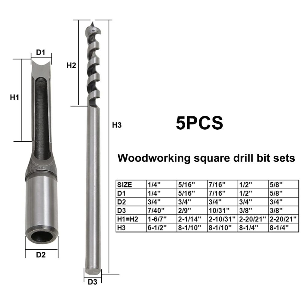 Woodworking Square Hole Mortise Drill Bit, 5pcs HSS Mortising Chisel Bits Mortiser Press Attachments Tool Square Drill Bits Countersink Bits for MDF, Particleboard Sizes 1/4, 5/16, 7/16, 1/2, 5/8IN