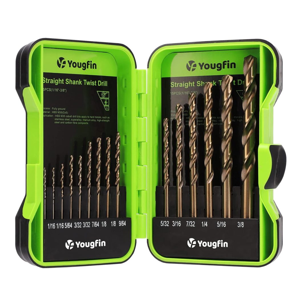 YOUGFIN Cobalt Drill Bit Set - M35 High Speed Steel, 135° Tip - Twist Jobber Length Kit for Hardened Metal, Cast Iron, Stainless Steel, Plastic and Wood - Includes Indexed Storage Case(15 Pieces)